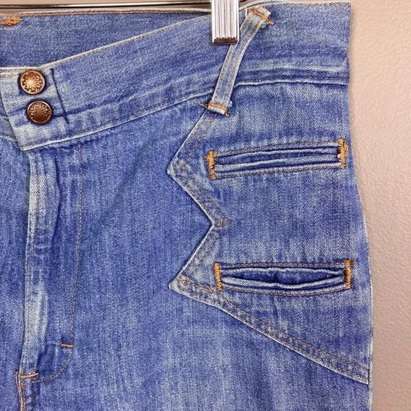 VTG H.I.S Flare Boot Cut Jeans Womens 33" Blue High Rise Contrast Stitching 70's